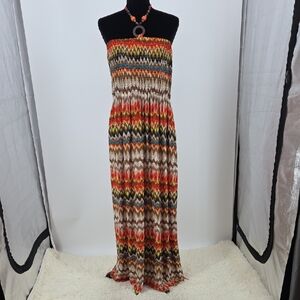 Magic Strapless Zigzag Maxi Dress - Red, Orange, Brown